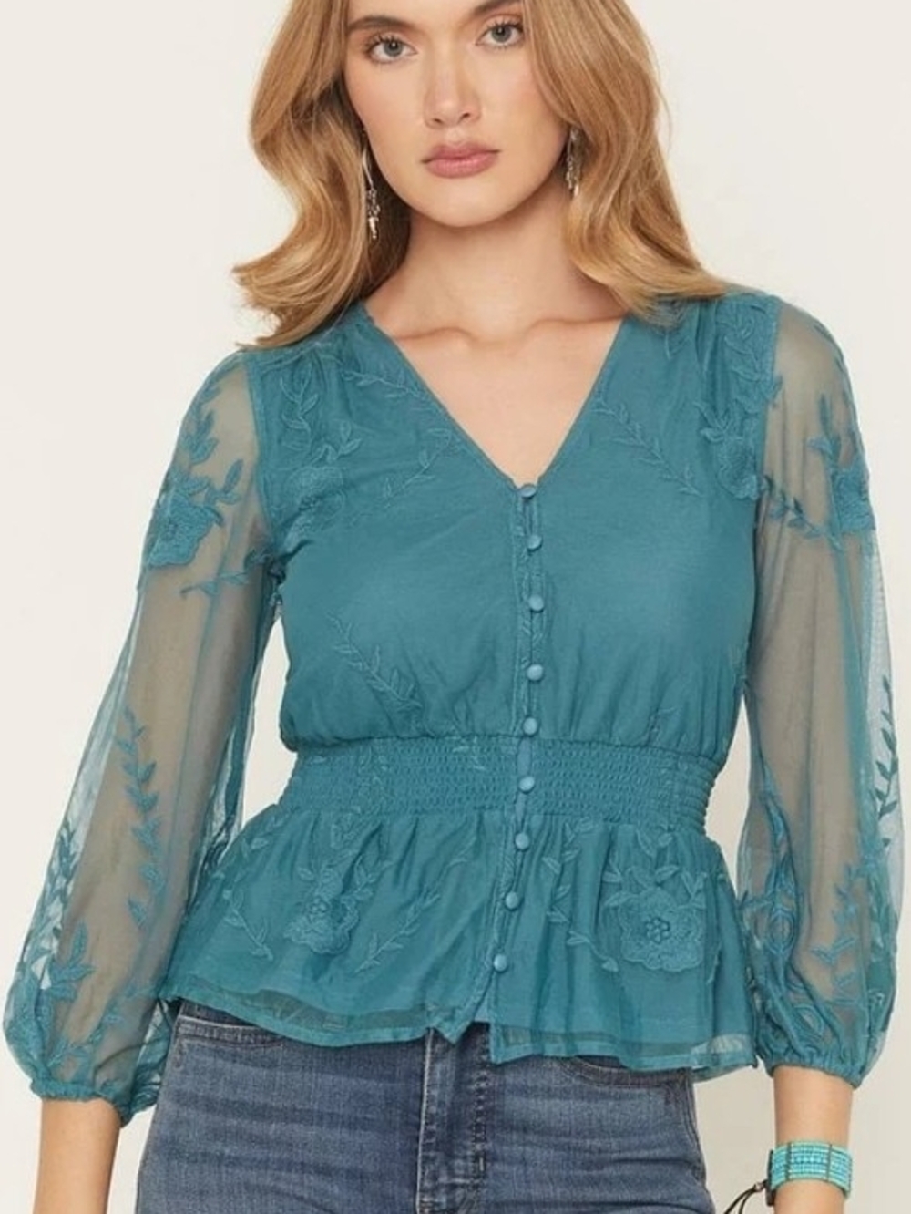 Shyanne Dusty Blue Embroidered Peplum Button Front Blouse